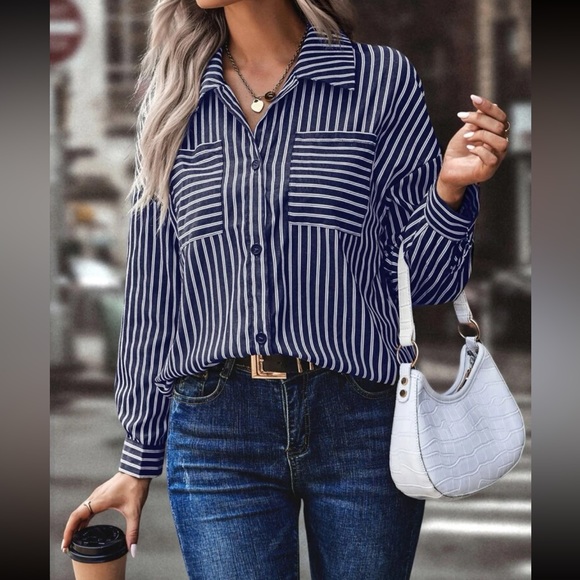 Classy Elegant Oversized Stripe Button Down Top Blouse Shirt - Picture 6 of 6